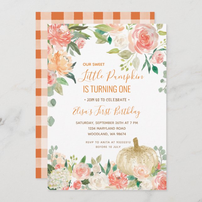 White Glitter Pumpkin With Floral Birthday  Invitation (Front/Back)