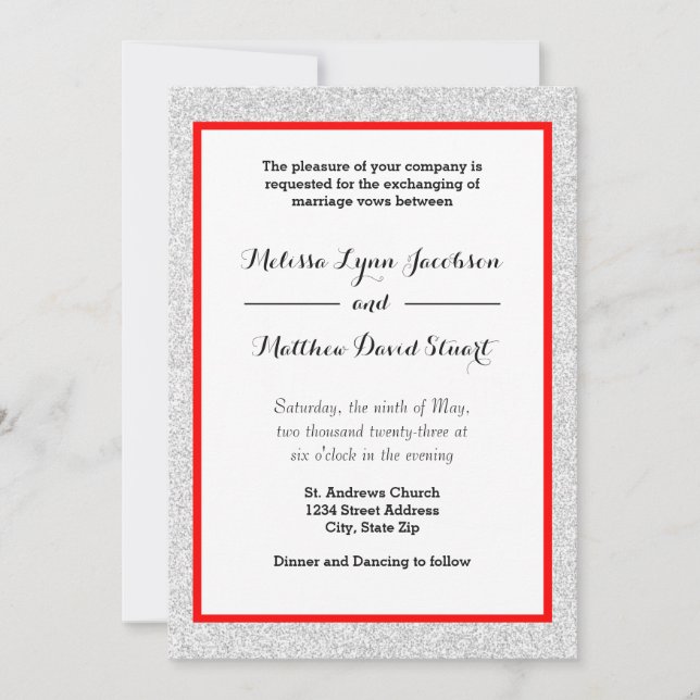 White Glitter & Red Framed - Wedding Invitation (Front)