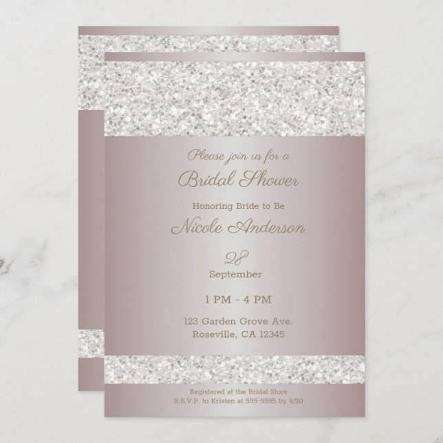White Glitter Sparkle Blush Pink Bridal Shower Invitation (Front/Back)