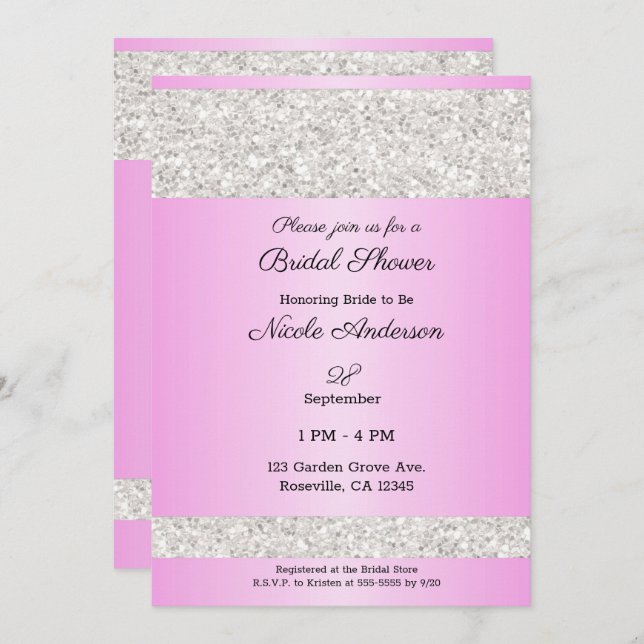 White Glitter Sparkle Pink Glam Bridal Shower Invitation (Front/Back)