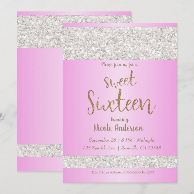 White Glitter Sparkle Pink Sweet 16 Sixteen Party Invitation (Front/Back)