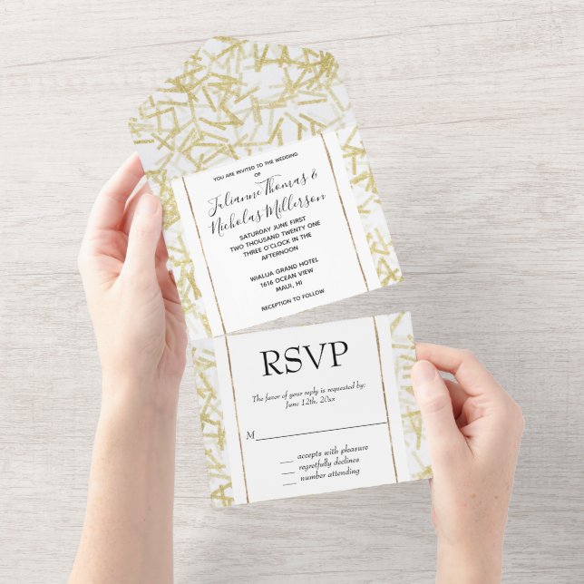 White Glitzy Gold Confetti Wedding All In One Invitation (Tearaway)
