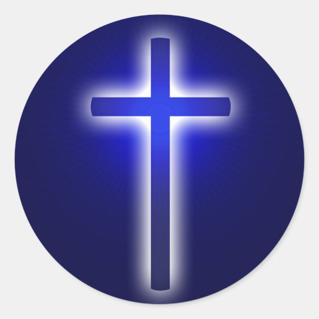 White Glow Religious Cross | Christian Navy Blue Classic Round Sticker (Front)