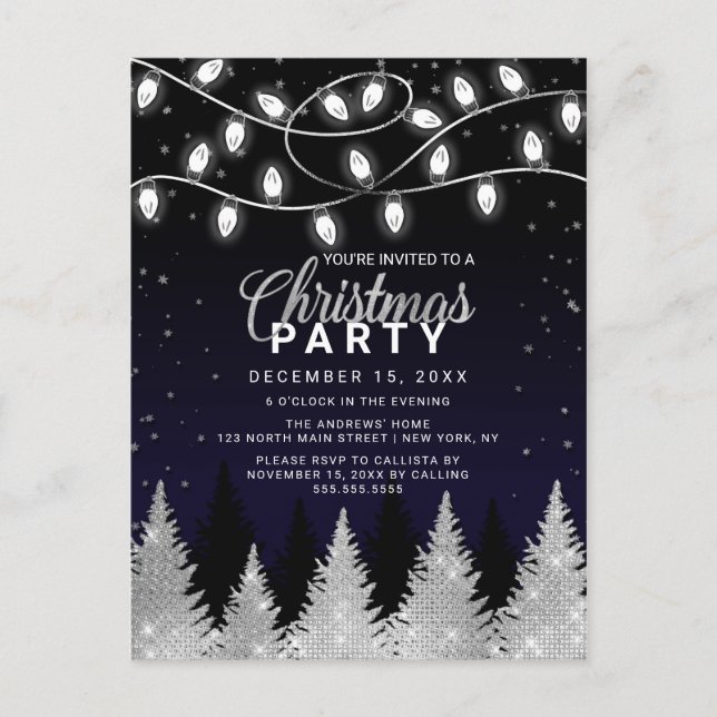 White Glowing Lights Glitter Trees Christmas Party Invitation Postcard (Front)