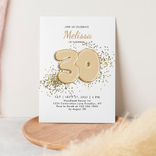 White Gold 30th Balloons Confetti Adult Birthday Invitation