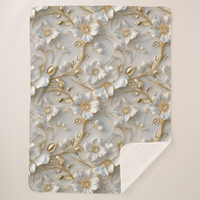 White & Gold 3D Floral Decorative Pattern Sherpa Blanket (Front)