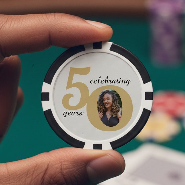 White & Gold 50 Photo Fifty Years 50th Birthday Poker Chips (Creator Uploaded)