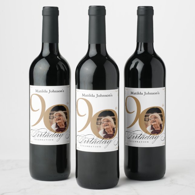 White Gold 90th Birthday Calligraphy Custom Photo Wine Label (Bottles)