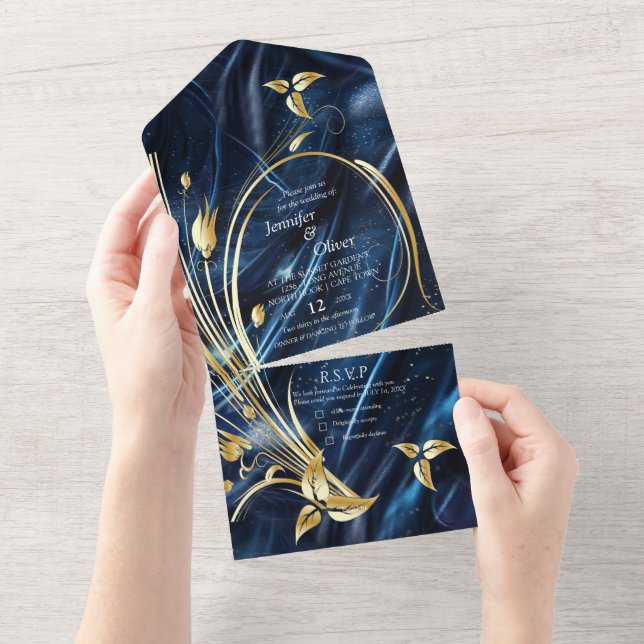 White & Gold abstract flowers on Simmery Blue Silk All In One Invitation (Tearaway)