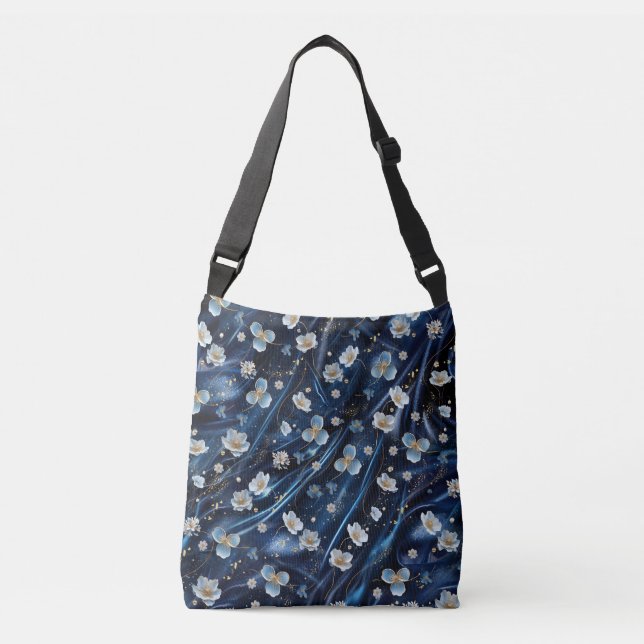 White & Gold abstract flowers on Simmery Blue Silk Crossbody Bag (Front)