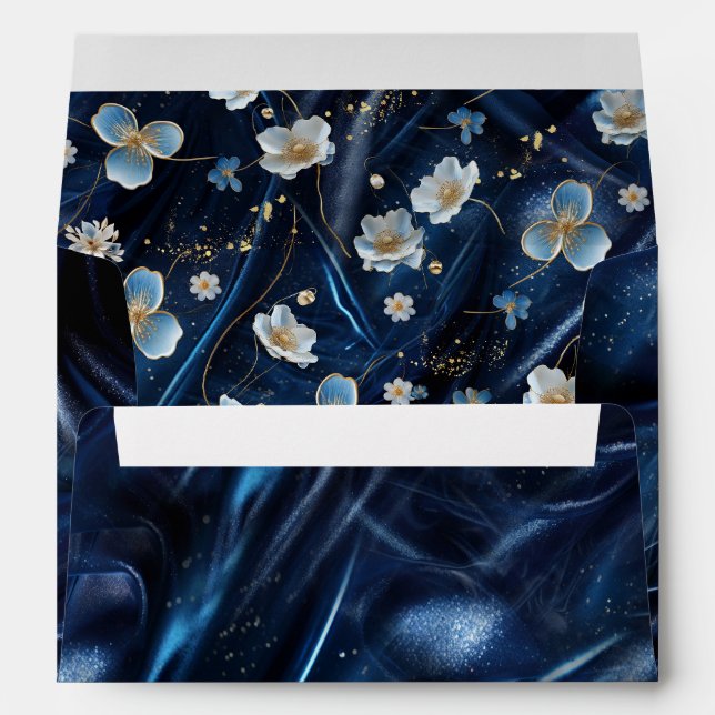 White & Gold abstract flowers on Simmery Blue Silk Envelope (Back (Bottom))