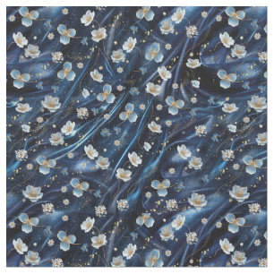 White & Gold abstract flowers on Simmery Blue Silk Fabric