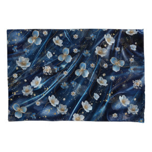 White & Gold abstract flowers on Simmery Blue Silk Pillowcase