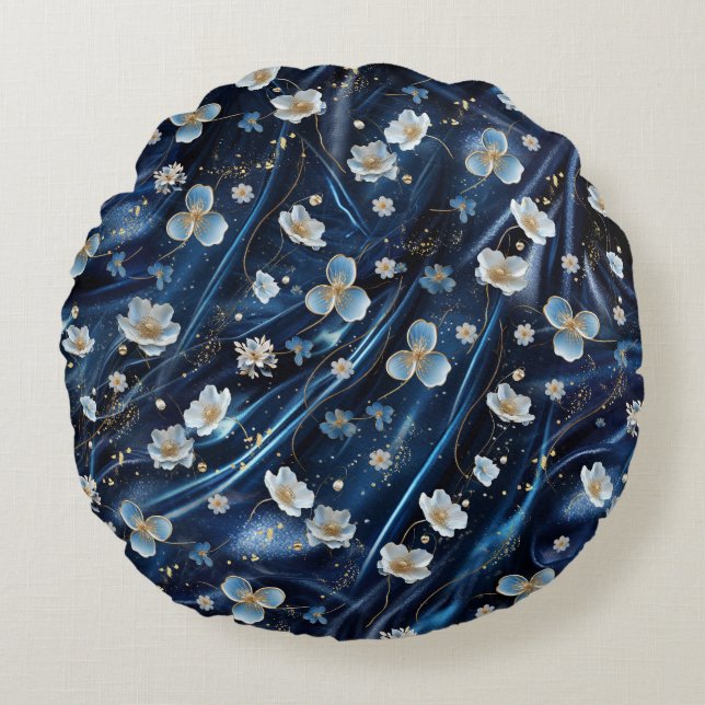White & Gold abstract flowers on Simmery Blue Silk Round Cushion (Front)