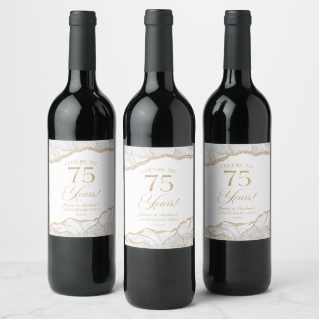 White Gold Agate 75th Wedding Anniversary Party Wine Label (Bottles)