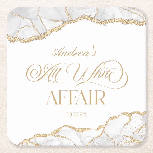 White Gold Agate All White Affair Birthday Party Square Paper Coaster (Front)