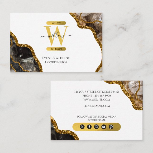 White & Gold Agate Geode Glitter Monogram Marble Business Card (Front/Back)
