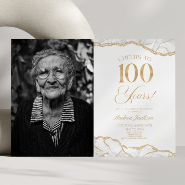 White Gold Agate Picture 100th Birthday Party Invitation (Creator Uploaded)