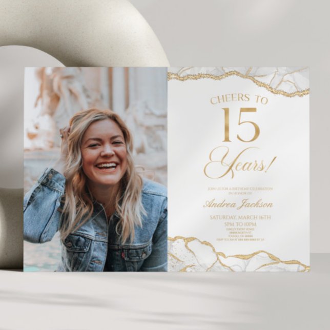 White Gold Agate Picture 15th Birthday Party Invitation (Creator Uploaded)
