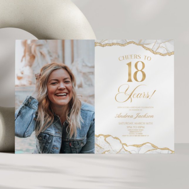 White Gold Agate Picture 18th Birthday Party Invitation (Creator Uploaded)