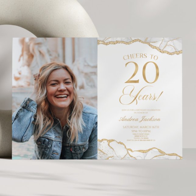 White Gold Agate Picture 20th Birthday Party Invitation (Creator Uploaded)