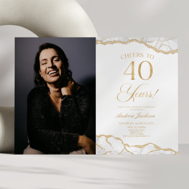 White Gold Agate Picture 40th Birthday Party Invitation (Creator Uploaded)