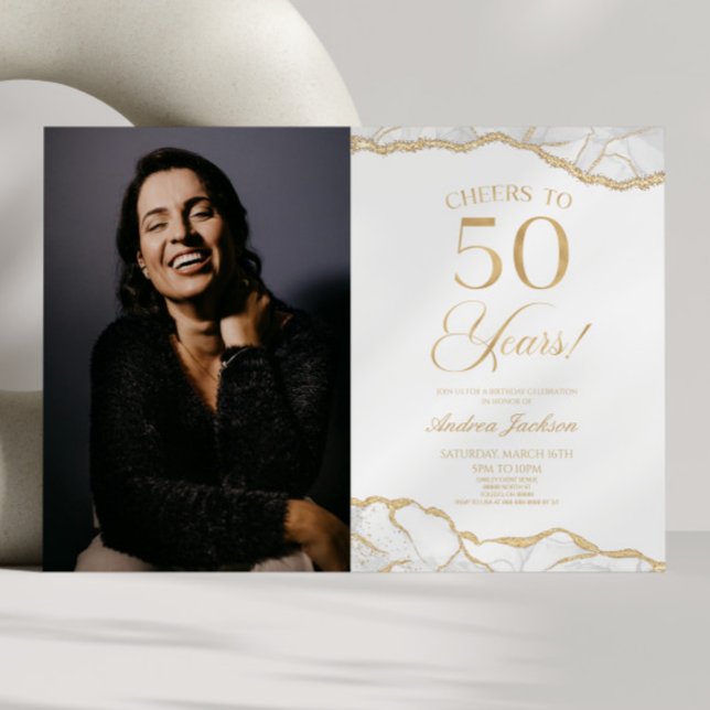 White Gold Agate Picture 50th Birthday Party Invitation (Creator Uploaded)