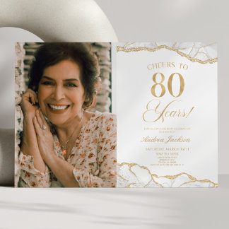 White Gold Agate Picture 80th Birthday Party Invitation