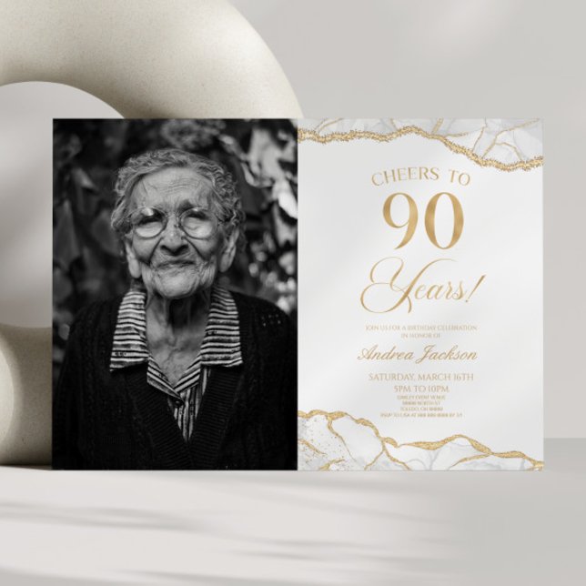 White Gold Agate Picture 90th Birthday Party Invitation (Creator Uploaded)