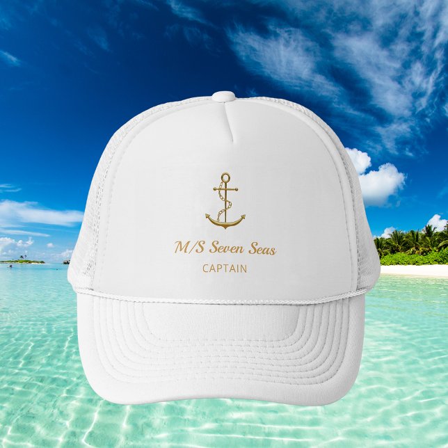 White gold anchor yacht boat name captain trucker hat (Creator Uploaded)