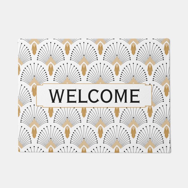 White, Gold and Black Art Deco Fan Flower Motif Doormat (Front)