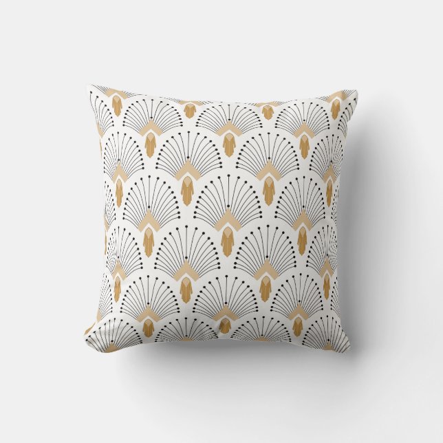 White, Gold and Black Art Deco Fan Flowers Motif Cushion (Front)
