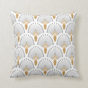 White, Gold and Black Art Deco Fan Flowers Motif Cushion