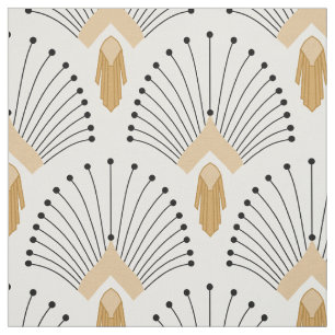White, Gold and Black Art Deco Fan Flowers Motif Fabric