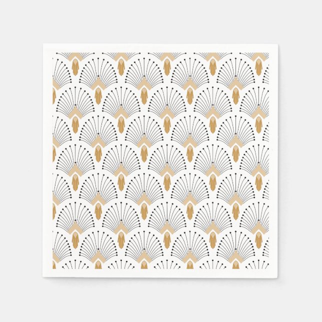 White, Gold and Black Art Deco Fan Flowers Motif Napkin (Front)