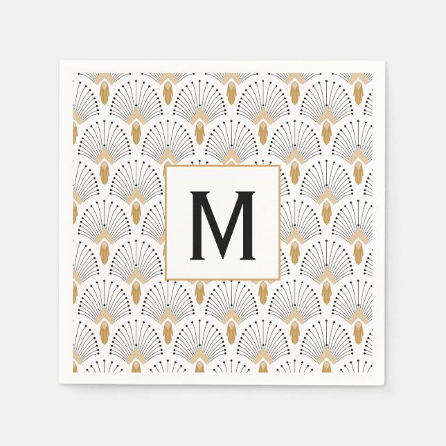 White, Gold and Black Art Deco Fan Flowers Motif Napkin (Front)