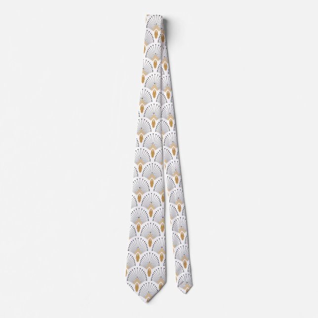 White, Gold and Black Art Deco Fan Flowers Motif Tie (Front)
