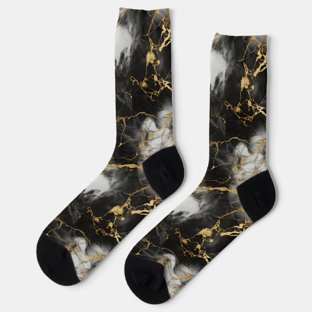 White, Gold and Black Luxury Marble Elegant Socks (Left)
