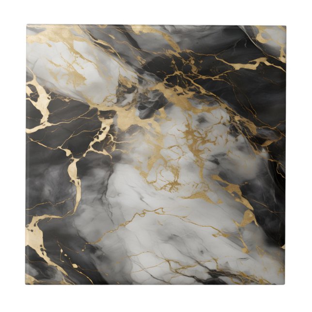 White, Gold and Black Luxury Marble Elegant Tile (Front)
