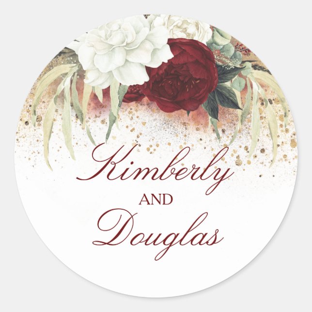 White Gold and Burgundy Red Floral Wedding Classic Round Sticker (Front)