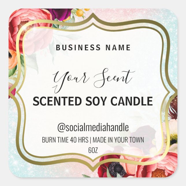 White Gold And Floral Scented Soy Candle Labels (Front)