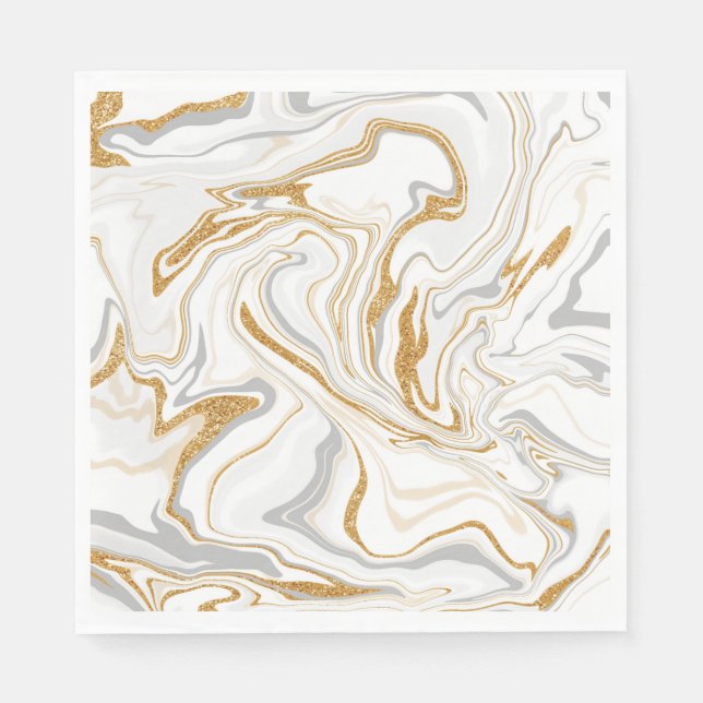 White, Gold and Grey Marble Like Swirls Fluid Art  Napkin (Front)