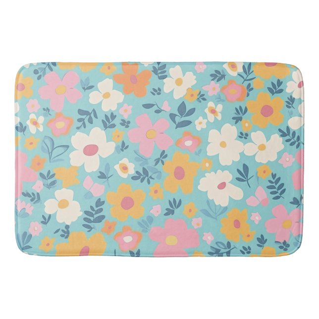 White, Gold and Pink Floral Pattern On Aqua Bath Mat (Front)