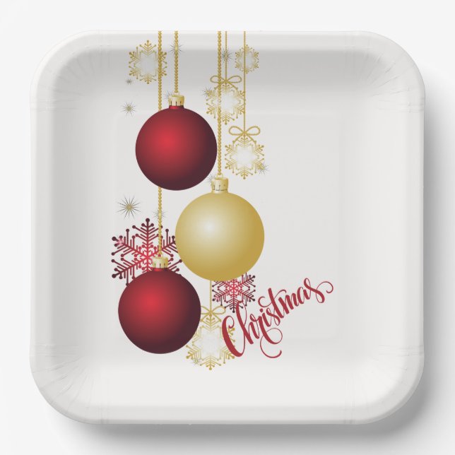 White, Gold and Red Christmas Party Paper Plate (Front)