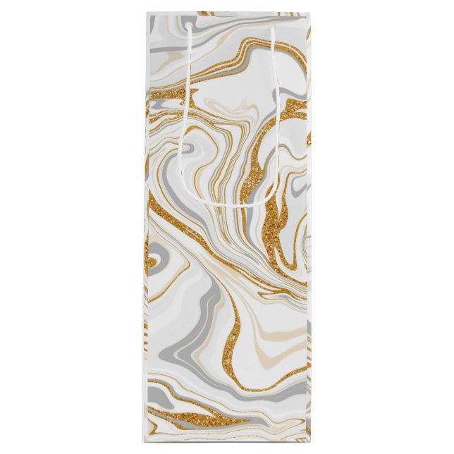 White, Gold and Silver Marble Swirls Fluid Art   Wine Gift Bag (Front)