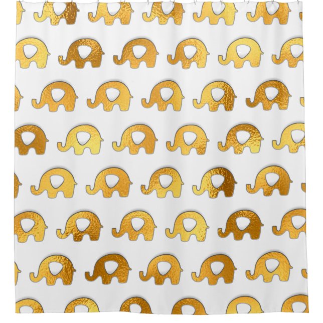 White Gold Animals Baby Elephants Metallic Shower Curtain (Front)