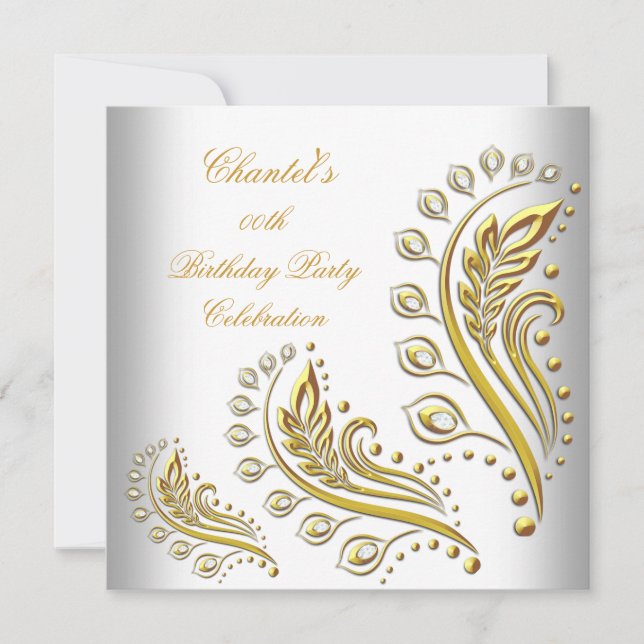 White Gold Any Age Elegant Birthday Party Floral Invitation (Front)