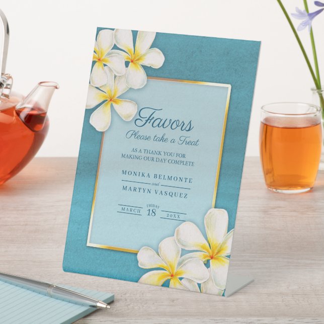 White gold aqua frangipani art tropical wedding pedestal sign (In SItu)