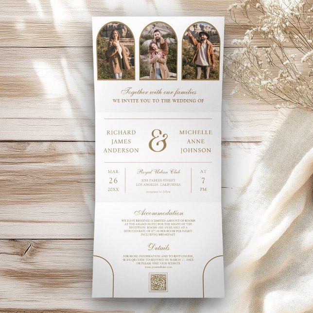 White Gold Arch Photo QR code Wedding Tri-Fold Invitation (Creator Uploaded)