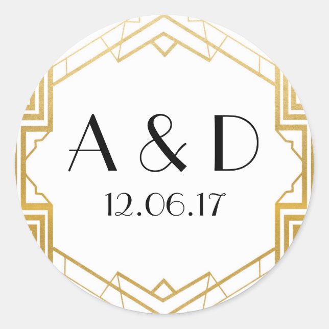 White & Gold Art Deco 1920's Round Stickers Label (Front)